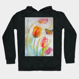 Colorful Tulip Watercolor Painting and Butterfly Hoodie